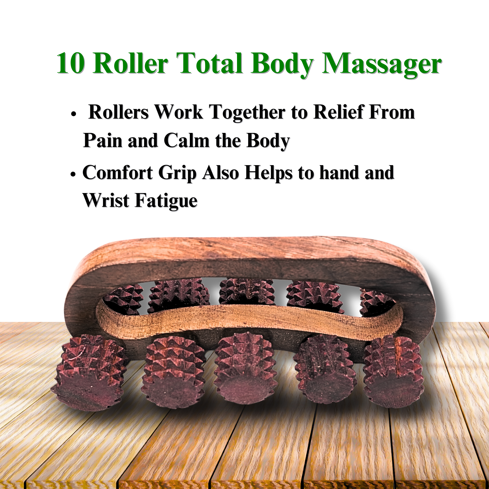 Wooden Acupressure Back Massager – Multi-Purpose Pain Relief Tool with 10 Rollers