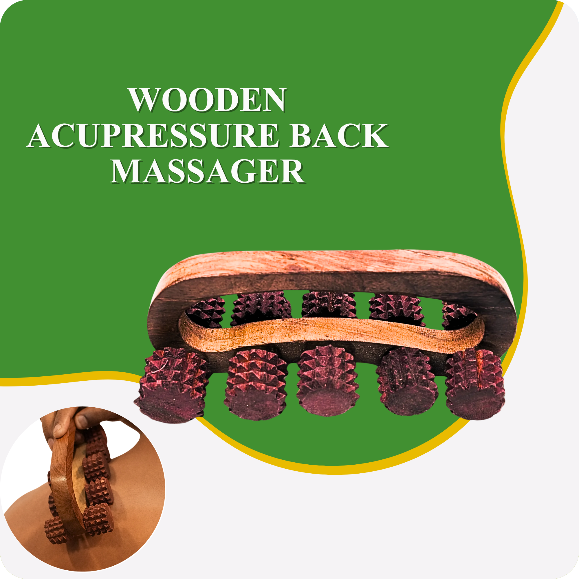 Wooden Acupressure Back Massager – Multi-Purpose Pain Relief Tool with 10 Rollers